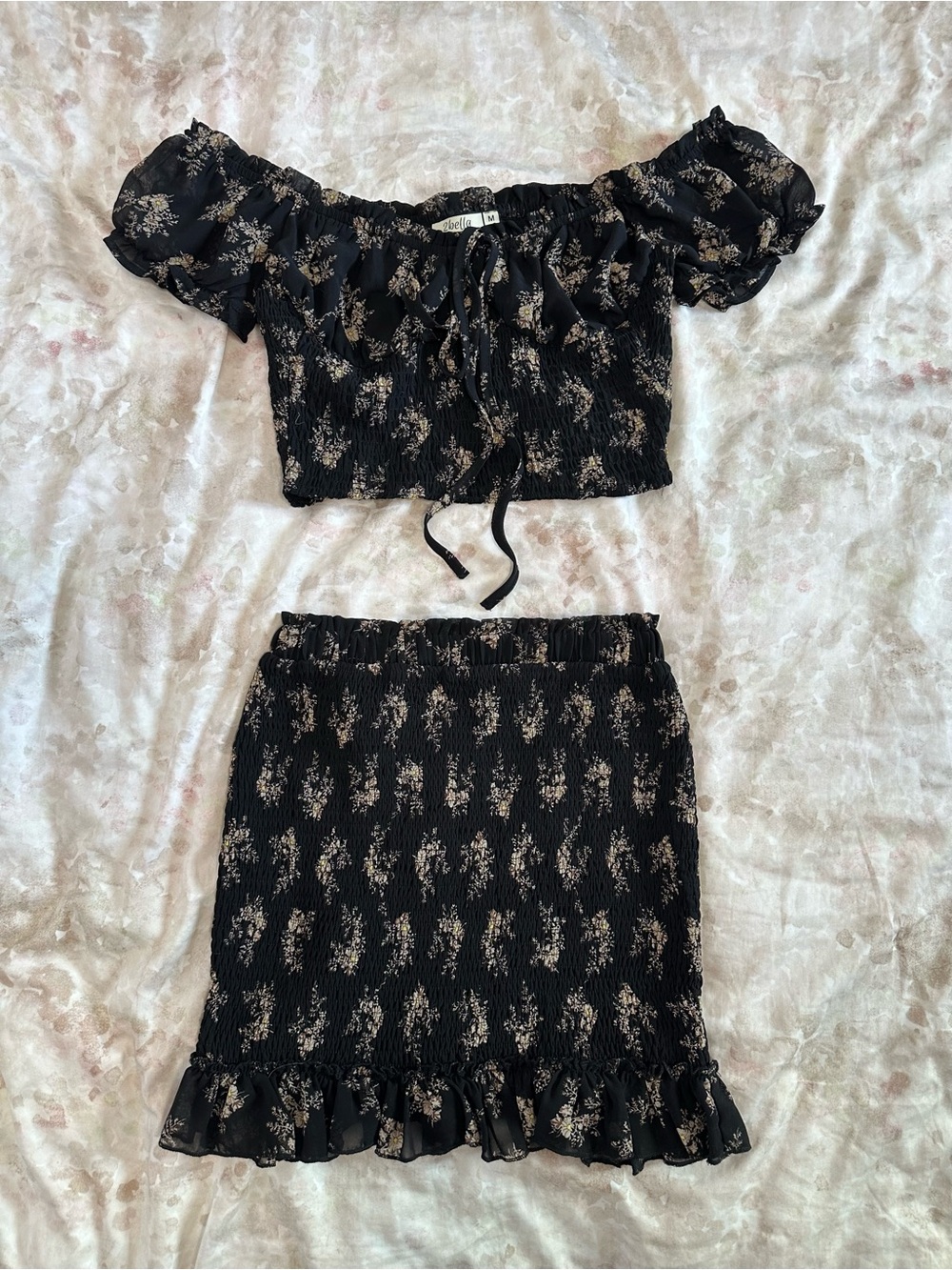 Smocked Floral A-Line Mini Skirt in Black